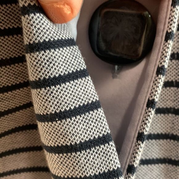 Cabi Grey And Navy Striped Hidden Button 3/4 Sleeve Coat Size L W/Shoulder Pads - Picture 7 of 17